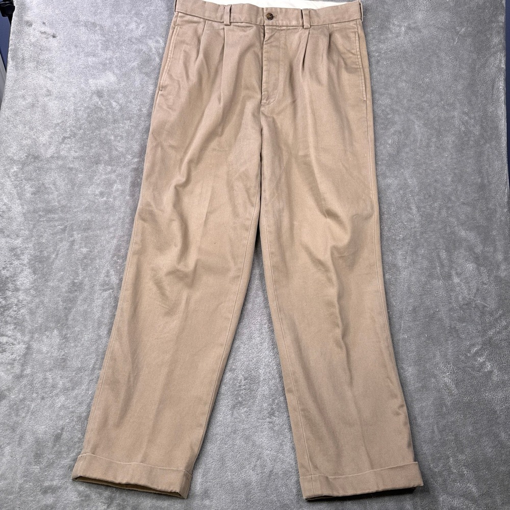 Brooks Brothers Chino Pants Mens 34x26 Tan Double Pleated Cuffed Cotton Khakis